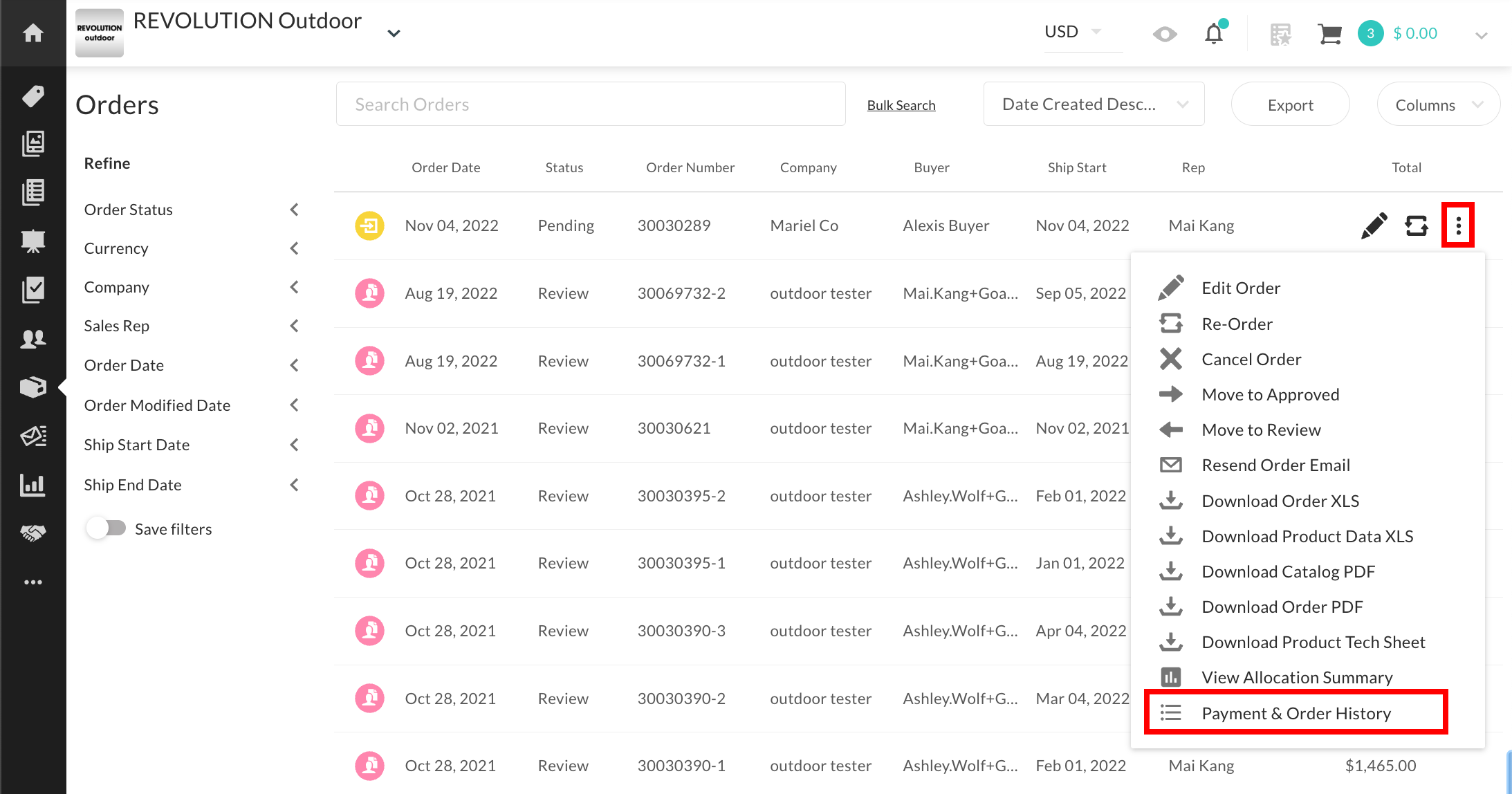 Select Payment and Order History.