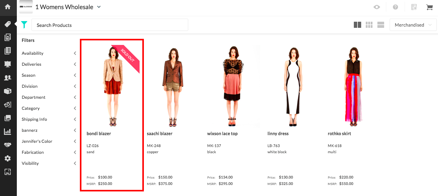 Product Gallery with a Sold Out banner on a product.