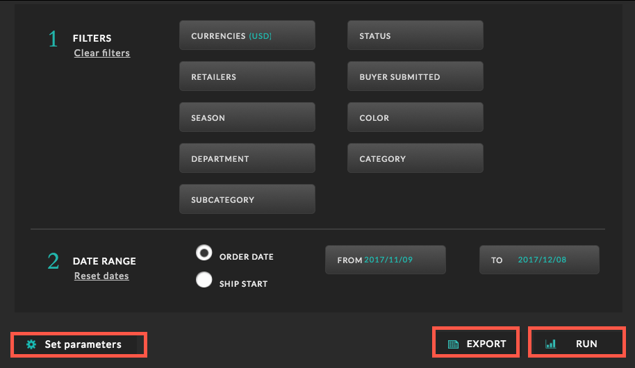Set parameters and export or run the report.