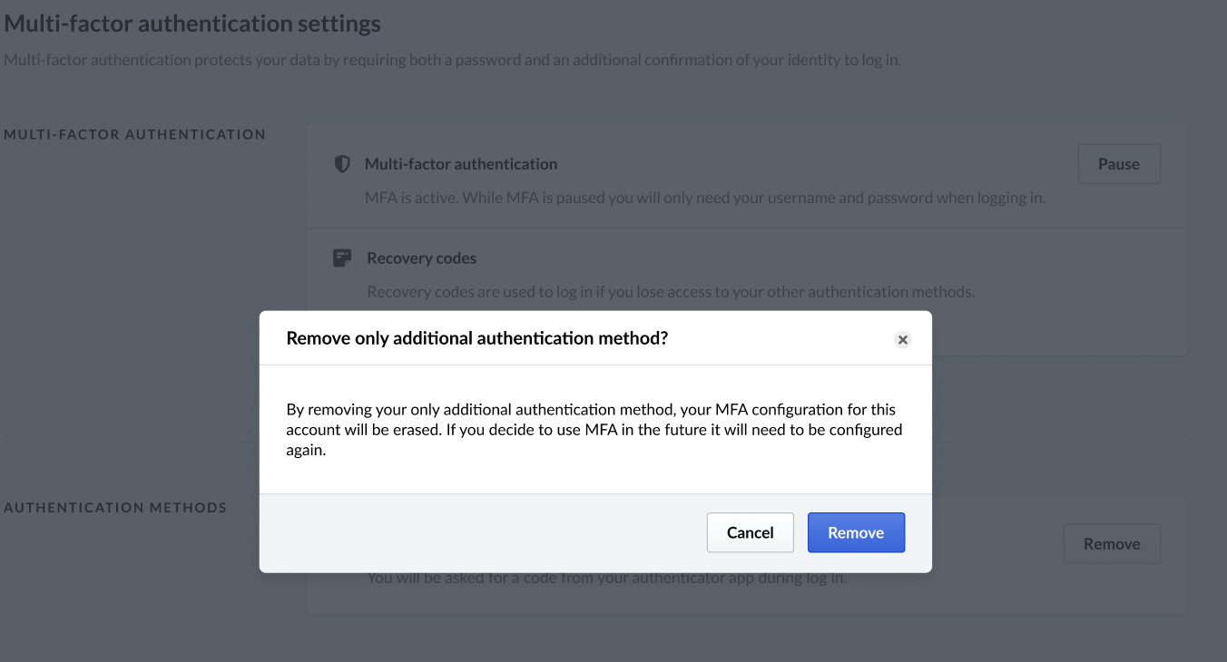 Remove only additional authentication method.