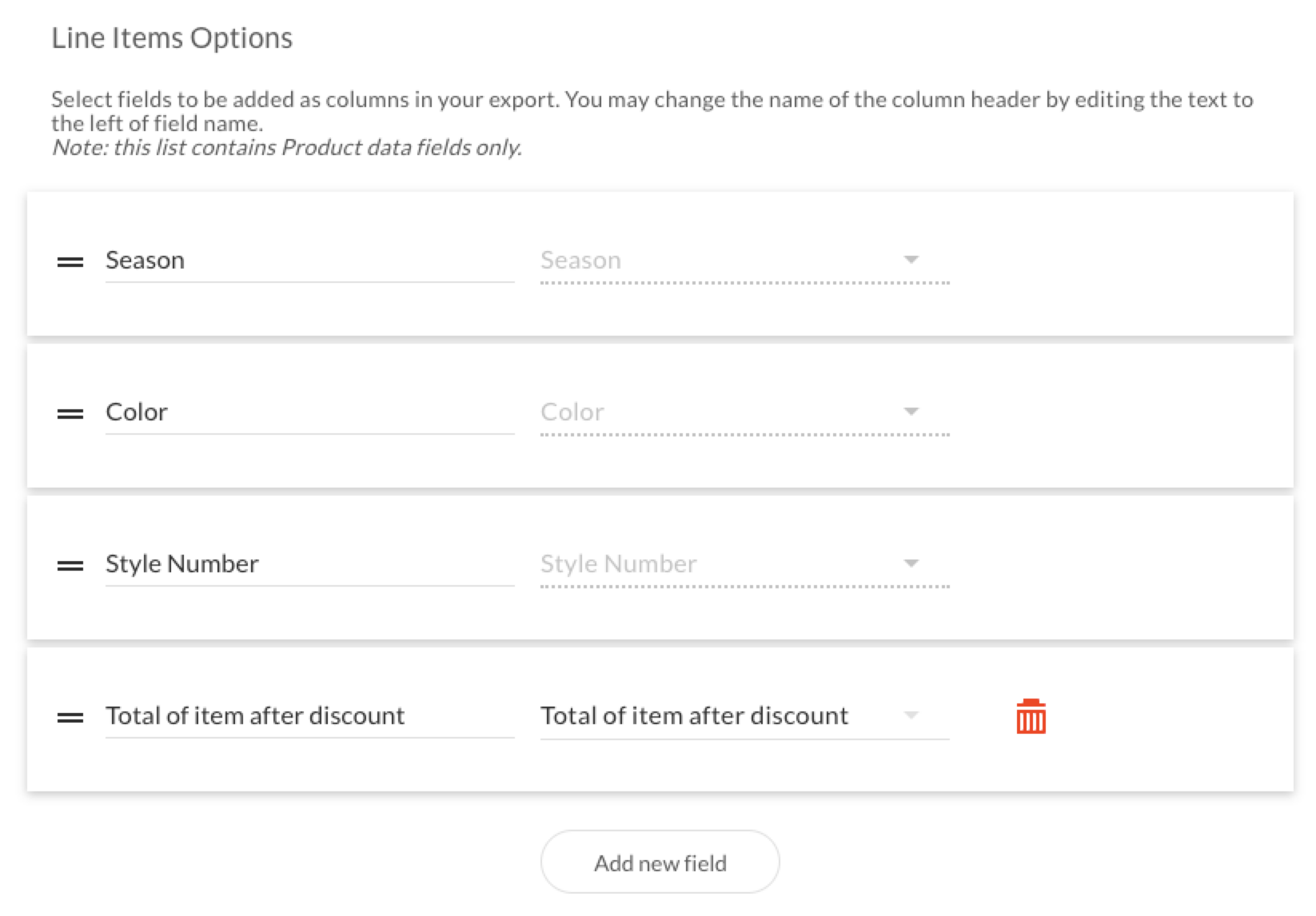 Line items options.