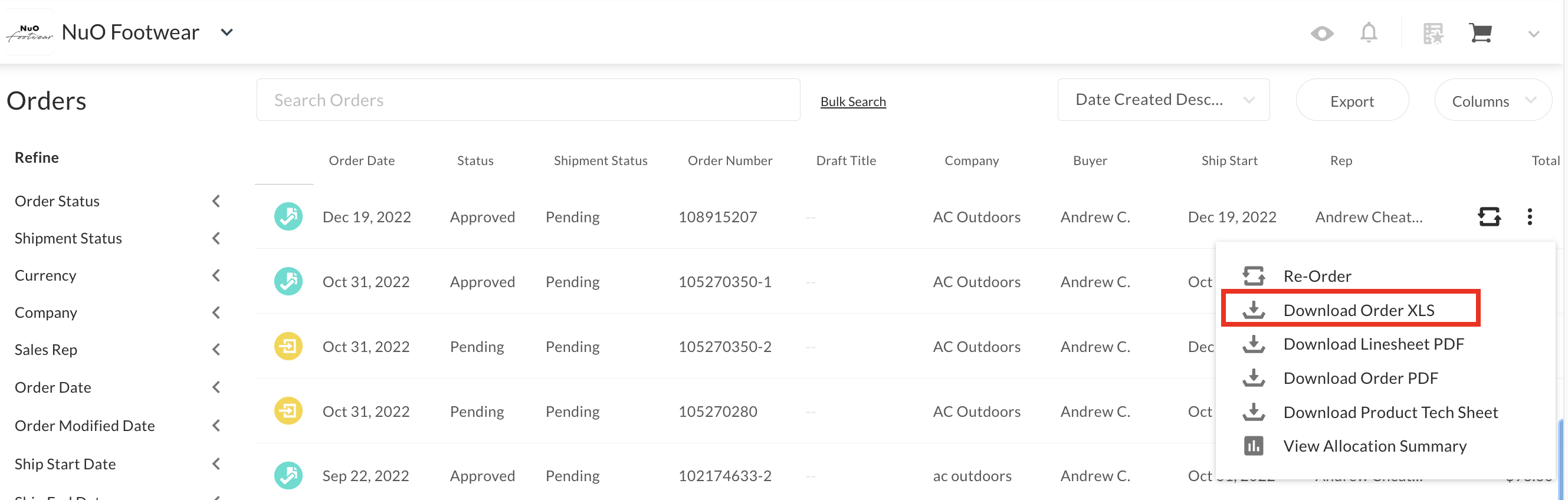 Download order xls.