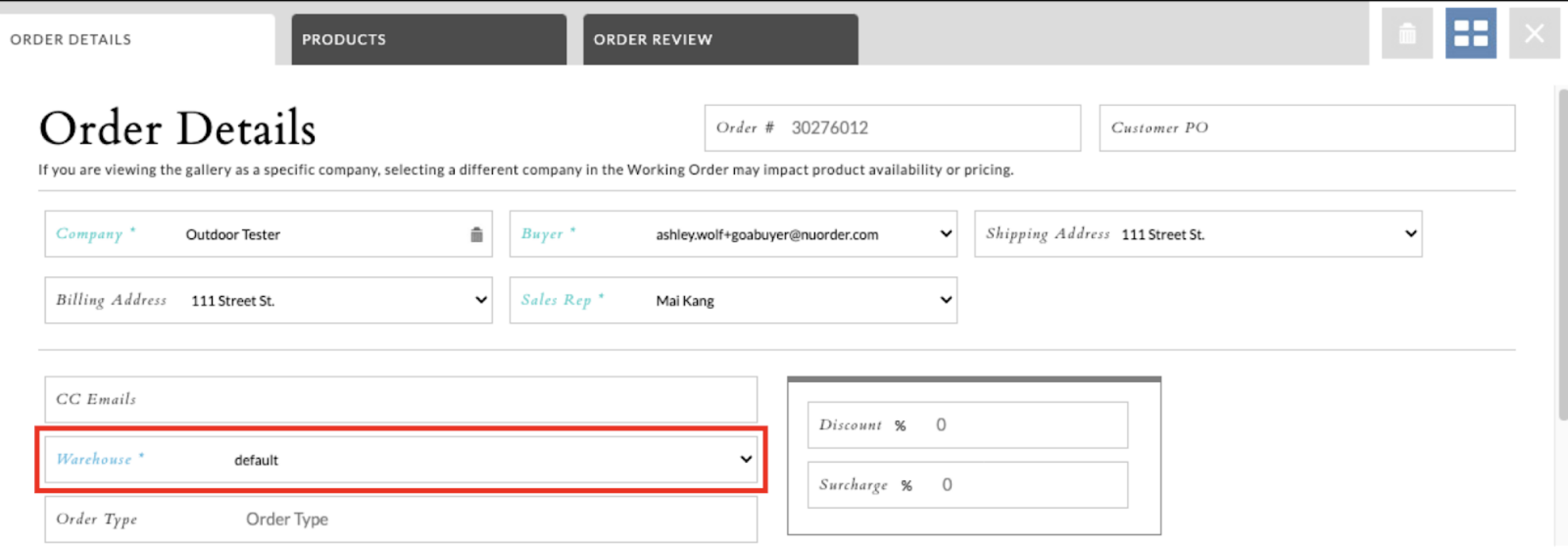 Order details.