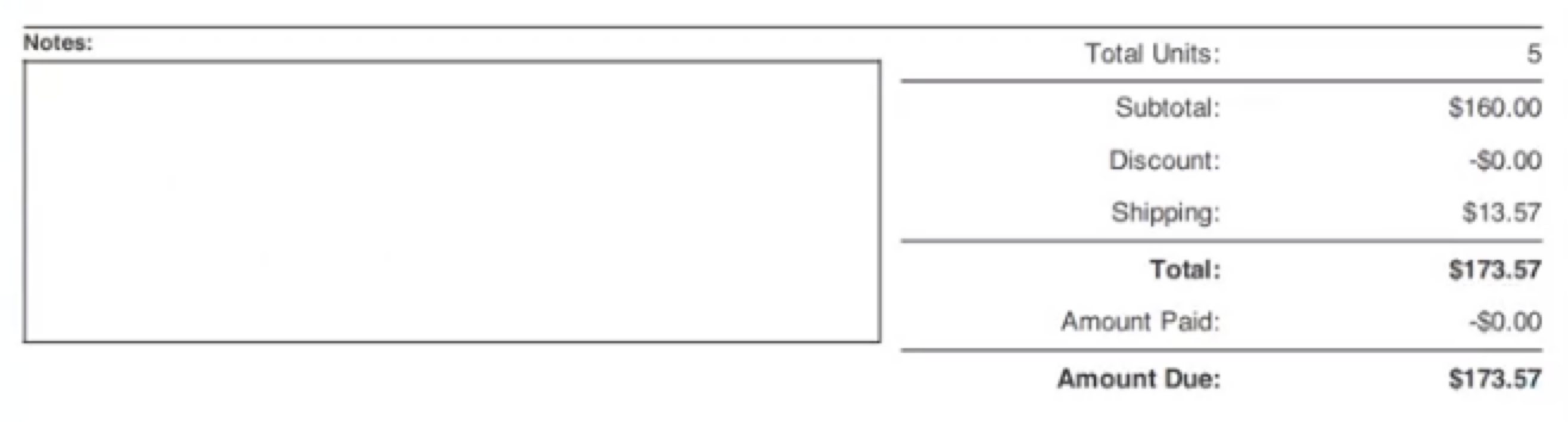Notes section of invoice.