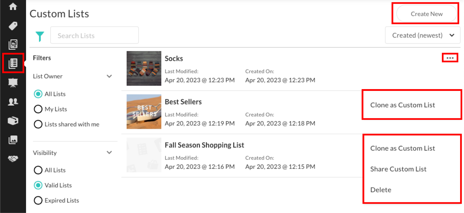 Create and clone options.