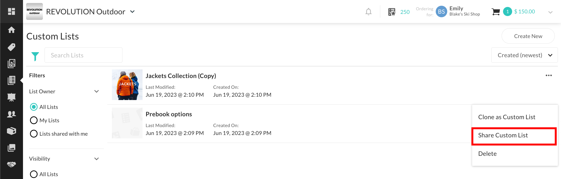 Share from the Custom Lists page.