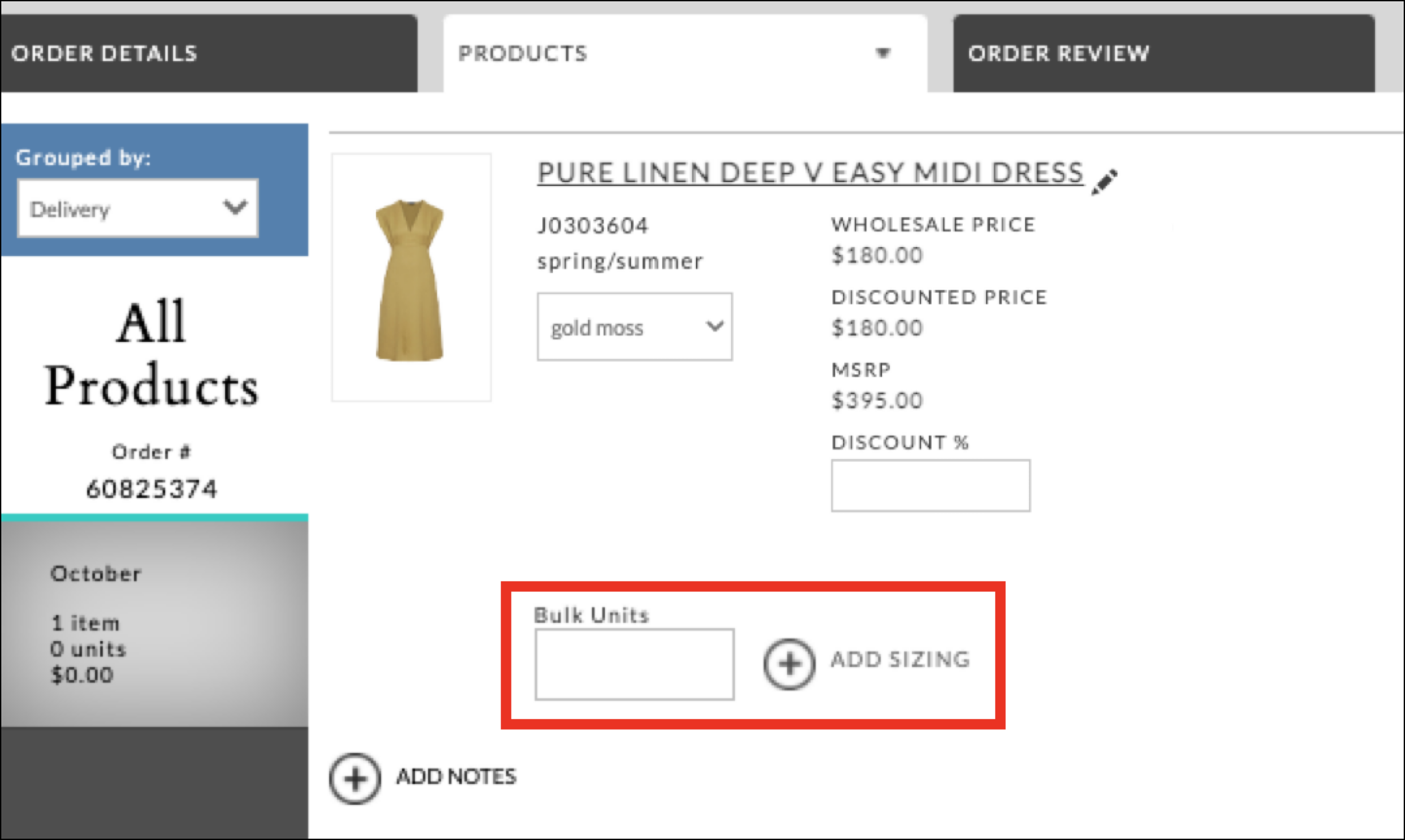 Bulk Units field and Add Sizing button on a Bulk Order.