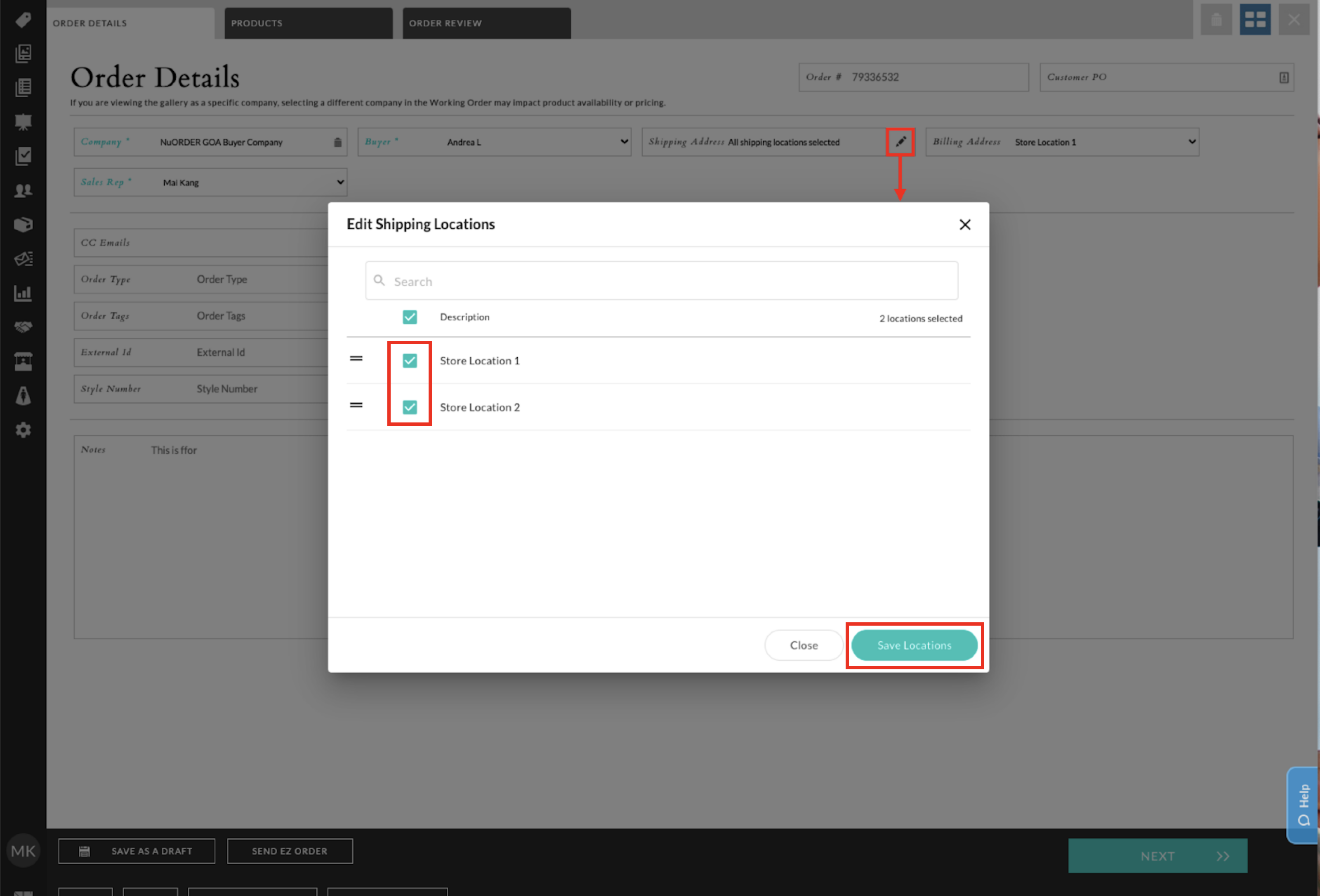 Edit Shipping Locations on Order Details tab.