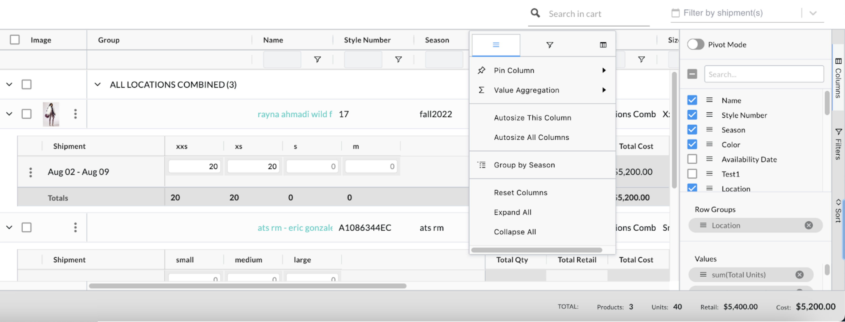 Configure Sizing View.
