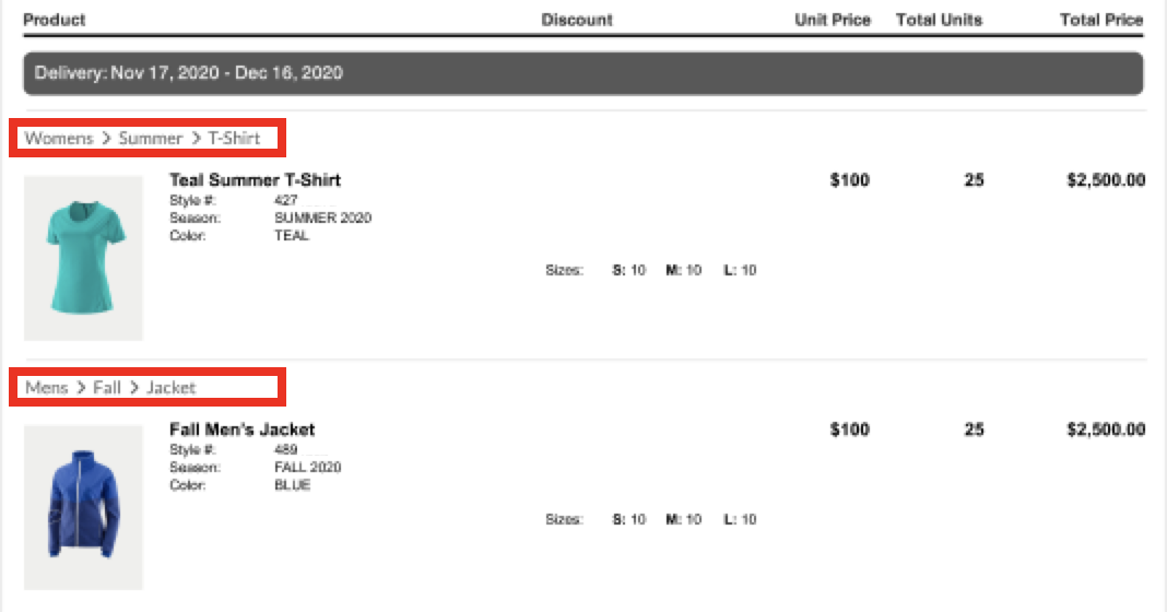 Product grouping on an order PDF.