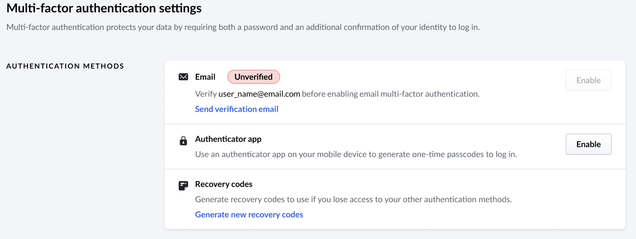 Multi-factor authentication settings.