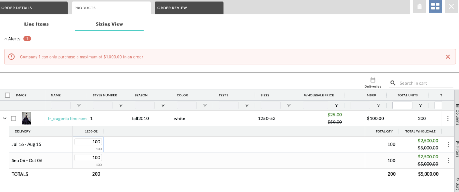 Alerts in Sizing View.
