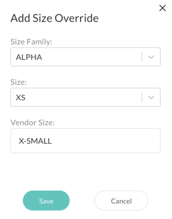 Enter the Vendor Size and select the Size Family and Size.