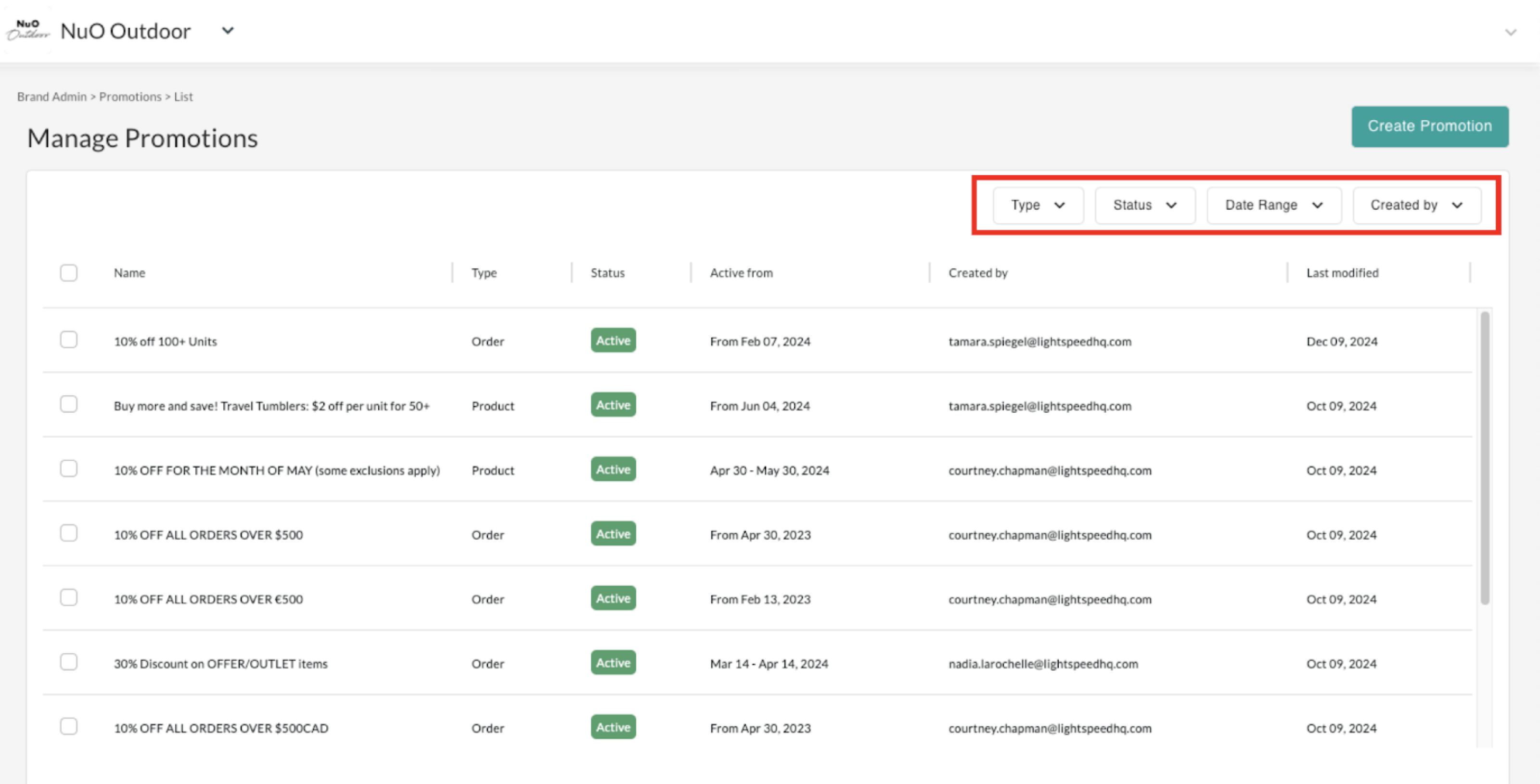 Manage Promotions filters.