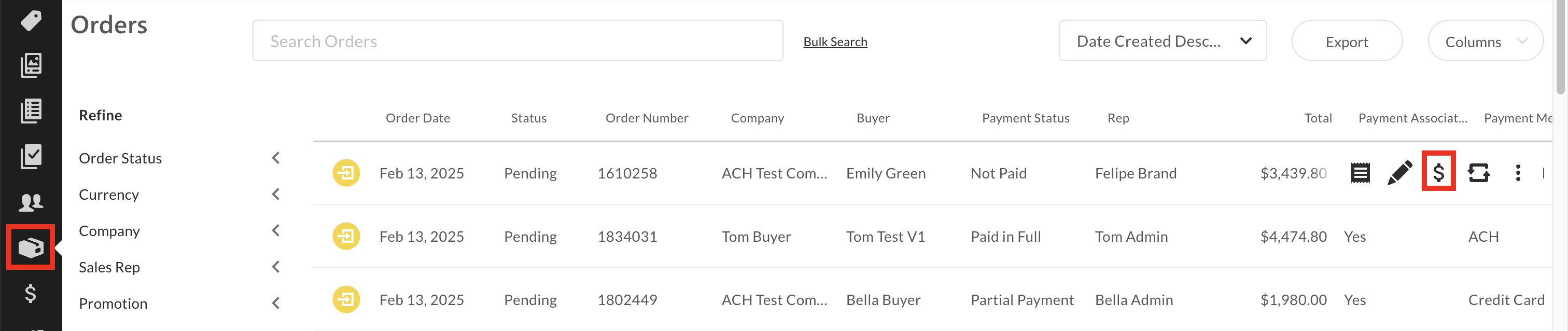 Image of order with Payments icon.