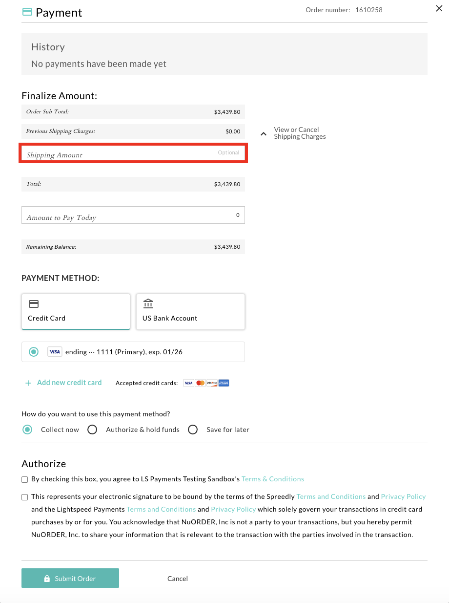 Image of Payments window for an order.
