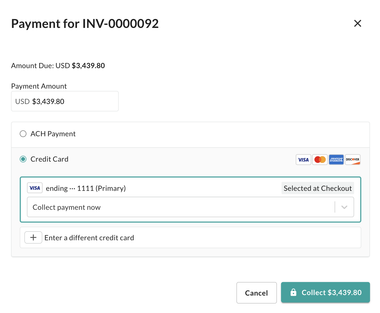 Image of the collect payment window.
