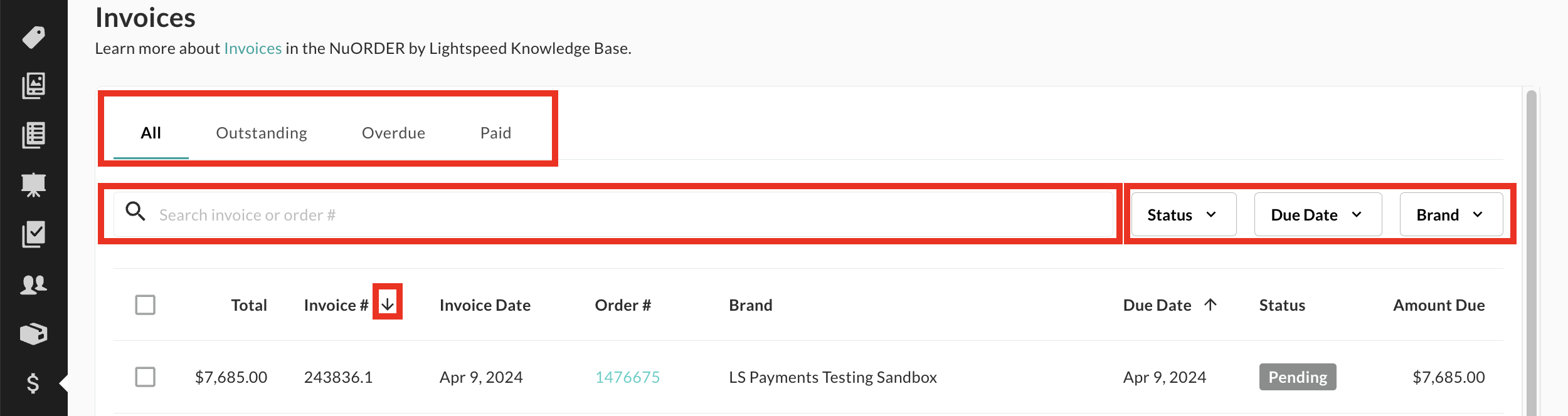Image of option in the Invoices page.