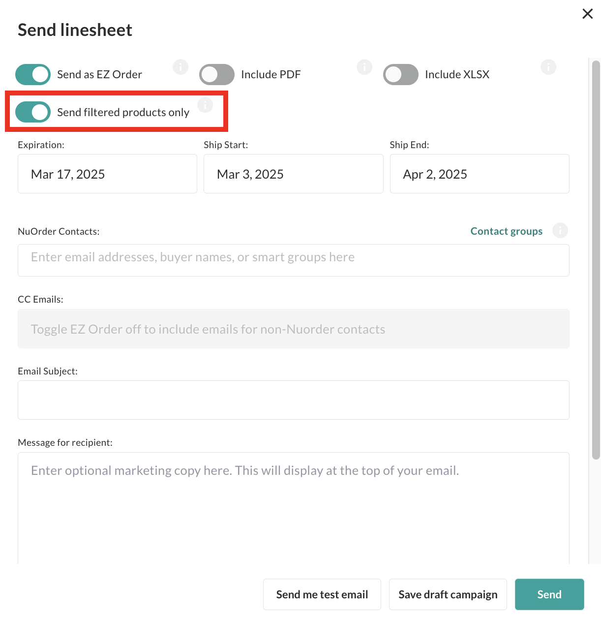 Image of Send Linesheet window.
