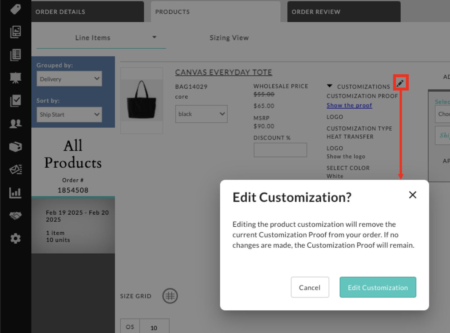 Image with the Edit Customization window.