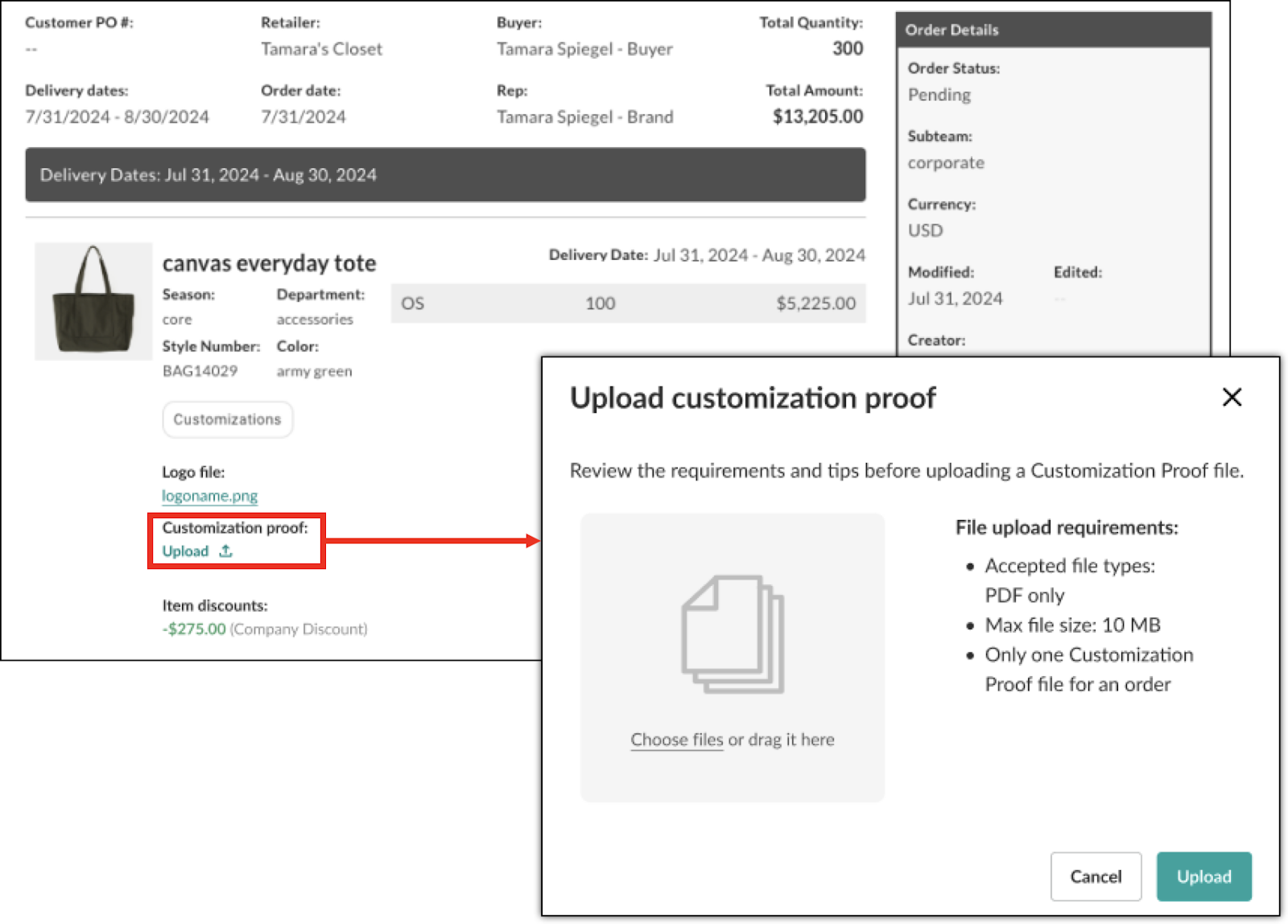 Image showing how to upload a Customization Proof.