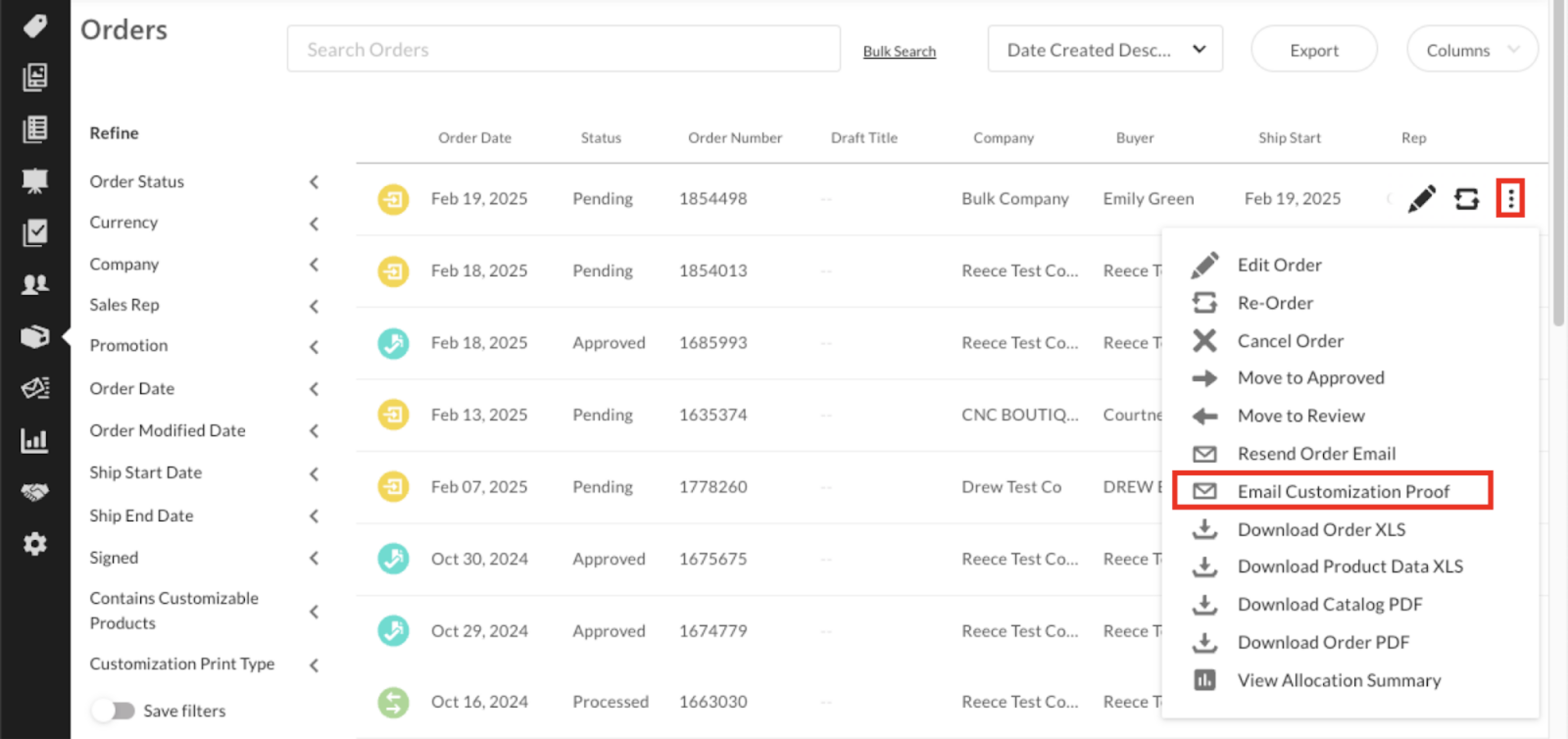 Image of Orders page menu.