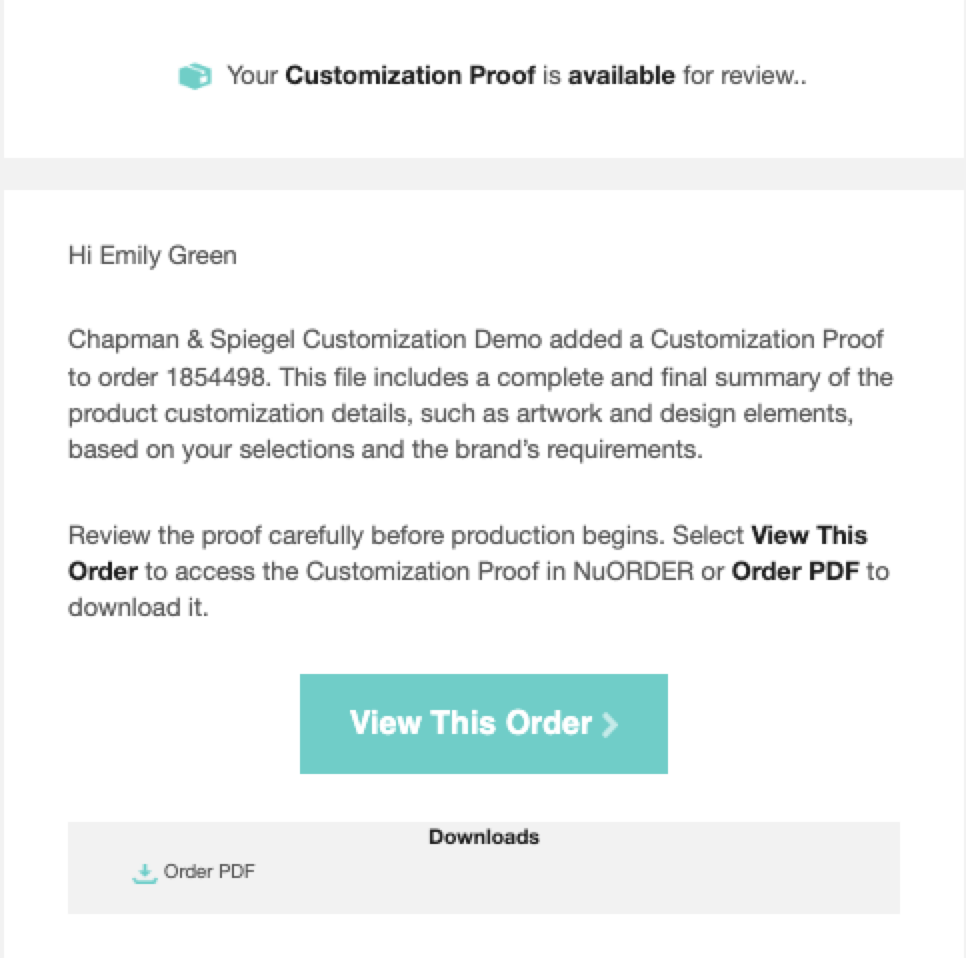 Image of a Customization Proof email.