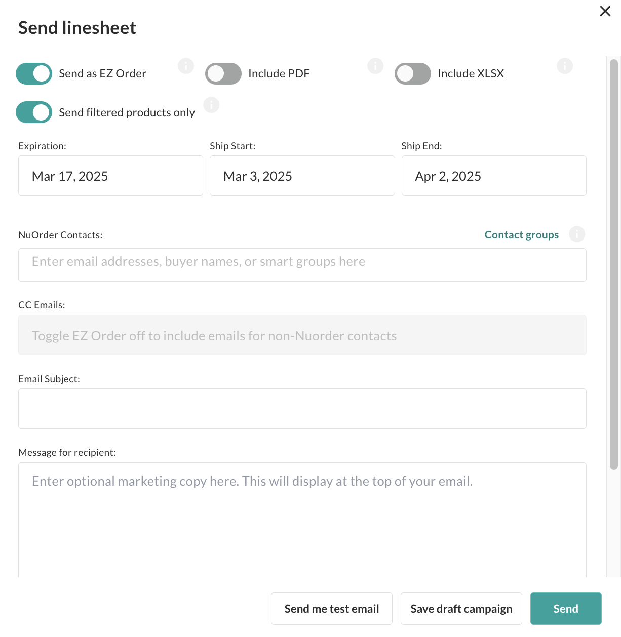 Image of Send Linesheet window.