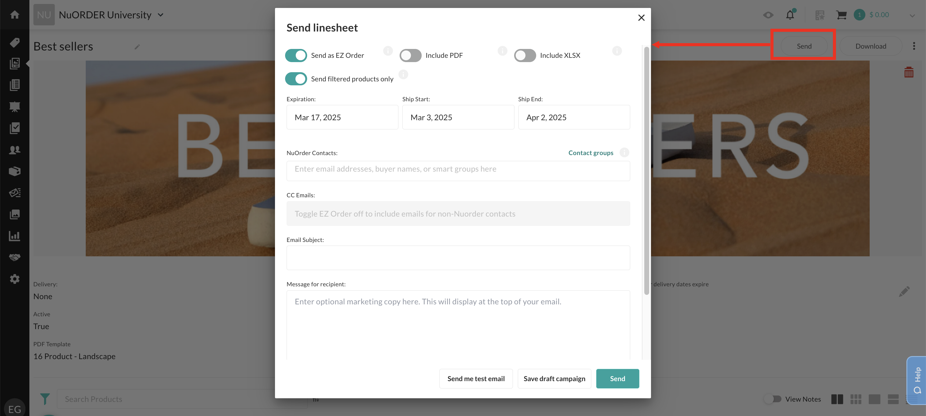 Image of Send linesheet window.
