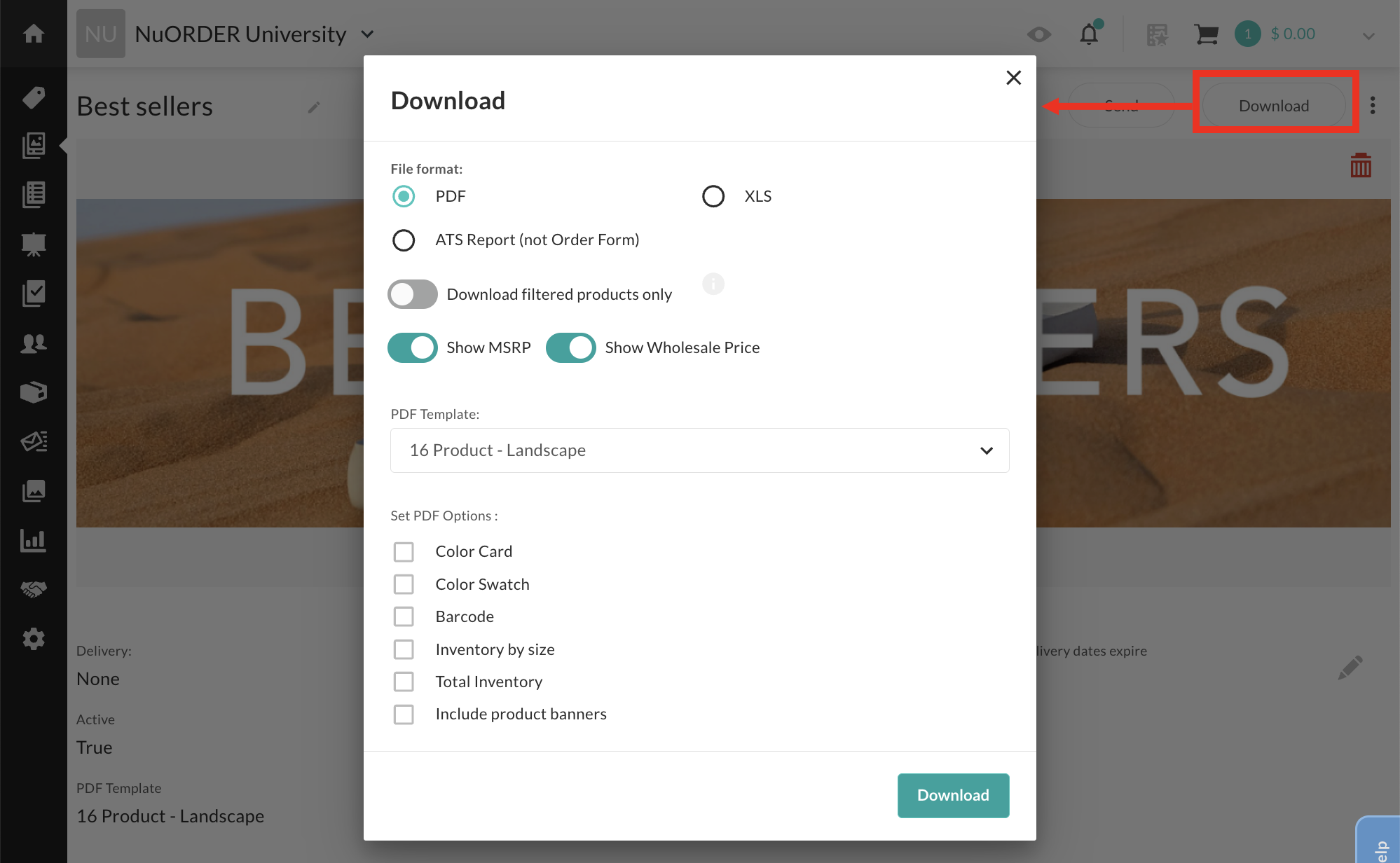 Image of Download Linesheet window.