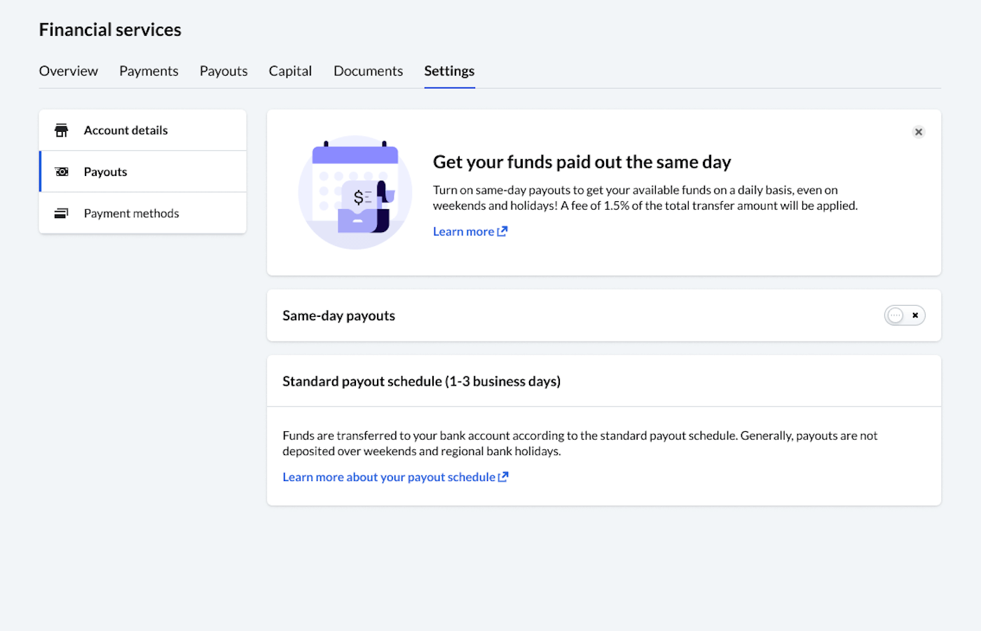 Image shows how to enable same-day payouts.