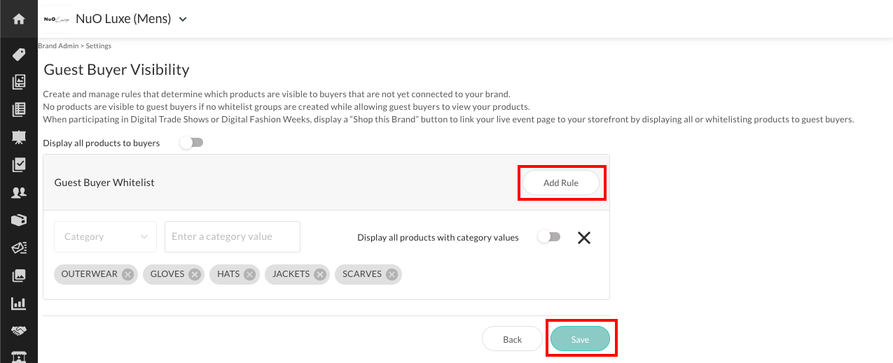 Guest buyer visibility in brand admin.