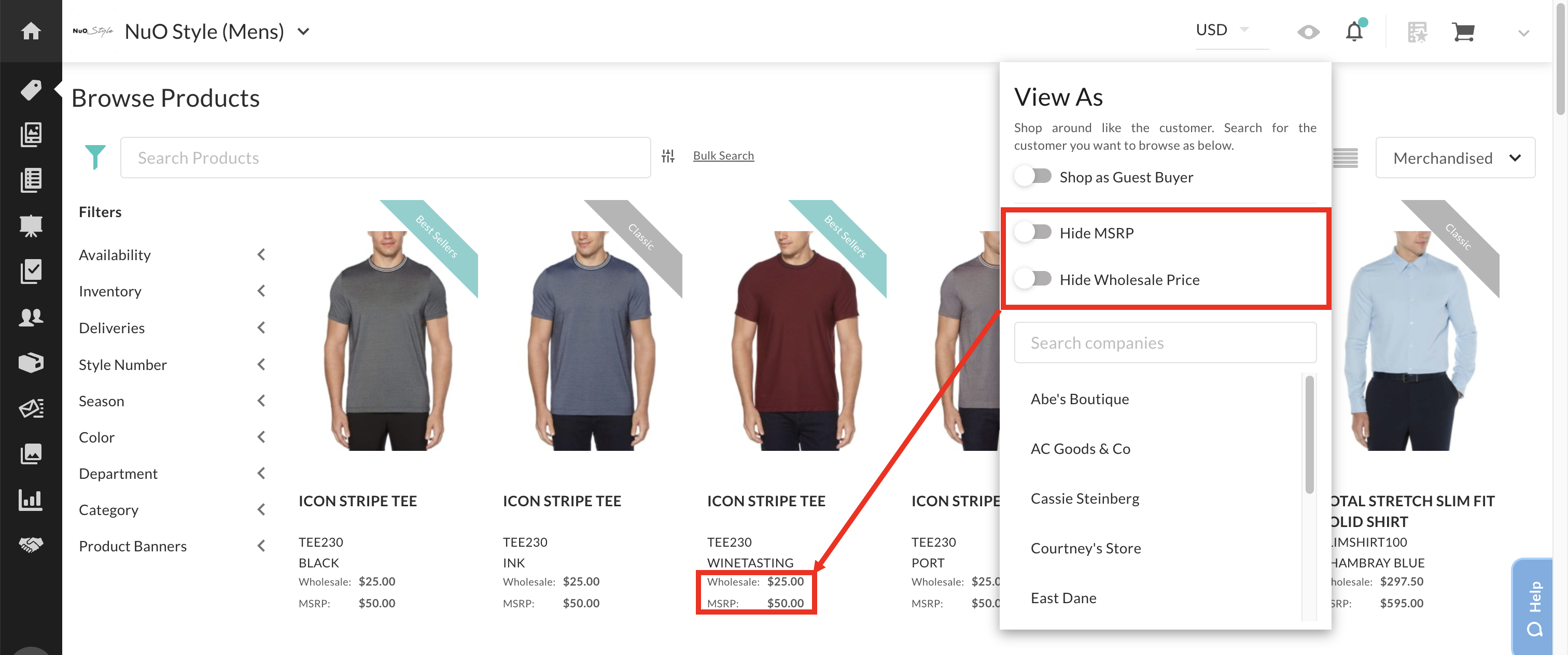 Image of Hide pricing options and where these are displayed on the Product Gallery.
