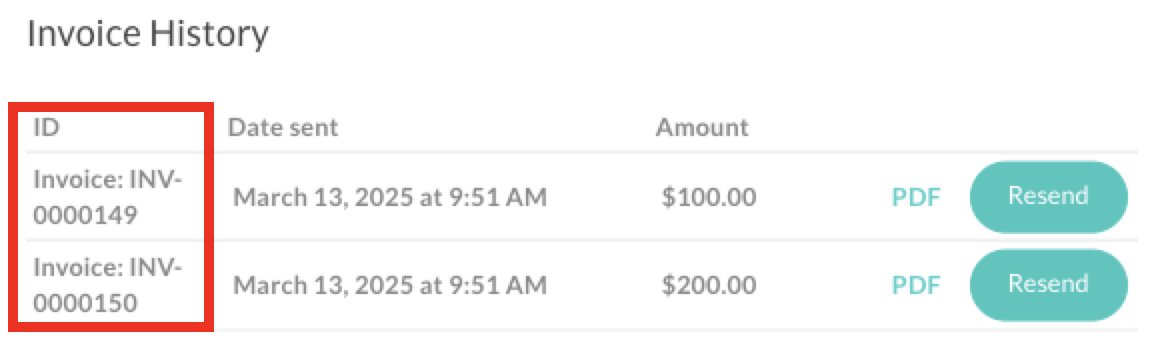 Image of Invoice numbers.