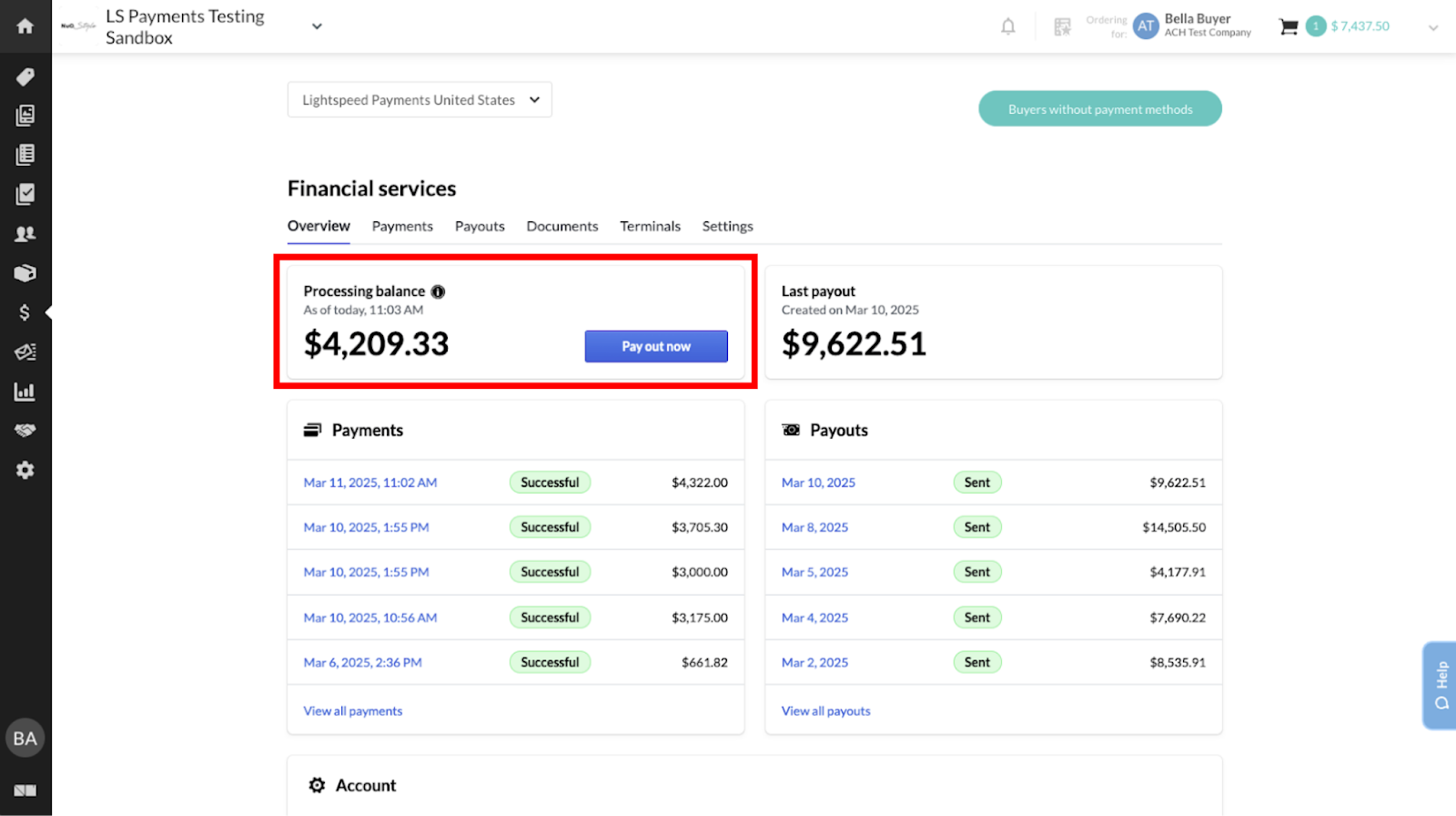 Image of Financial services page with Payout out now option.