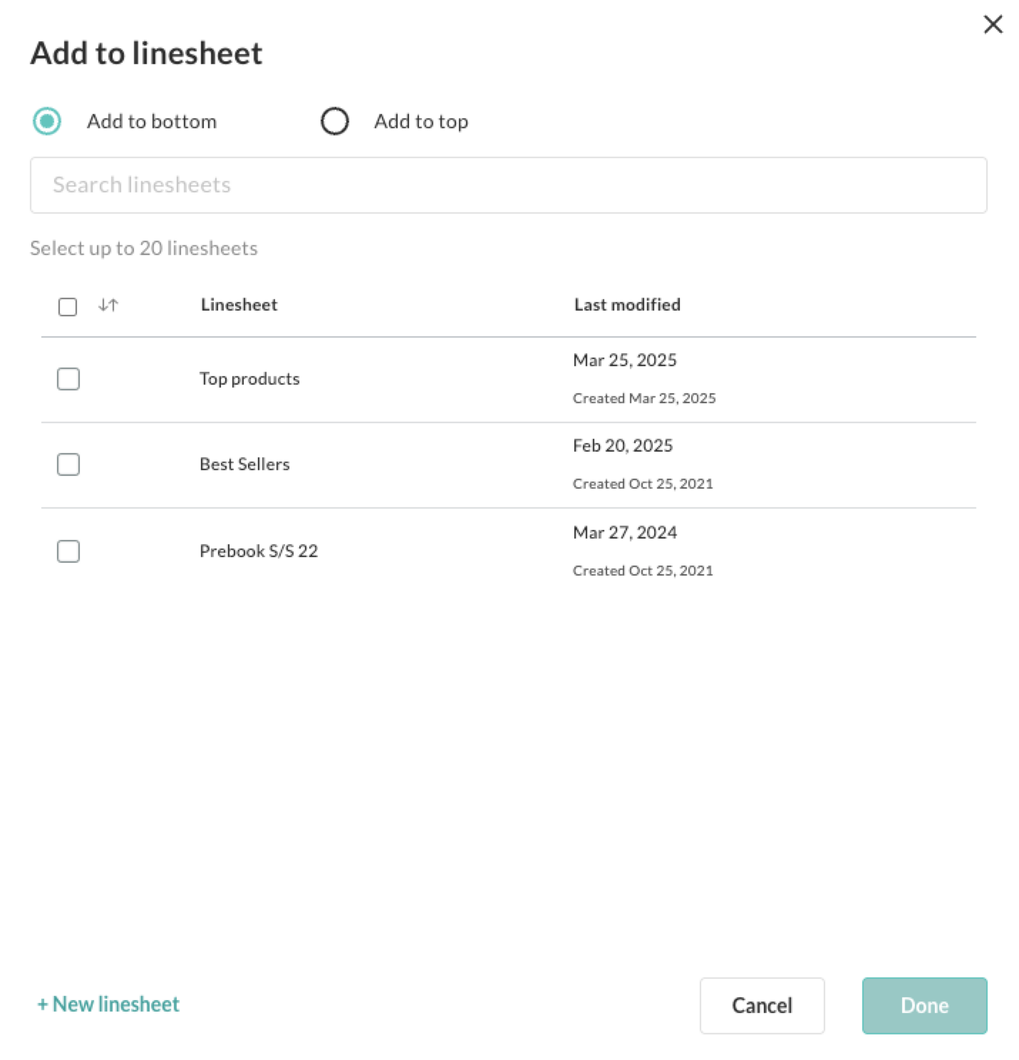 Image of Add to linesheet window.