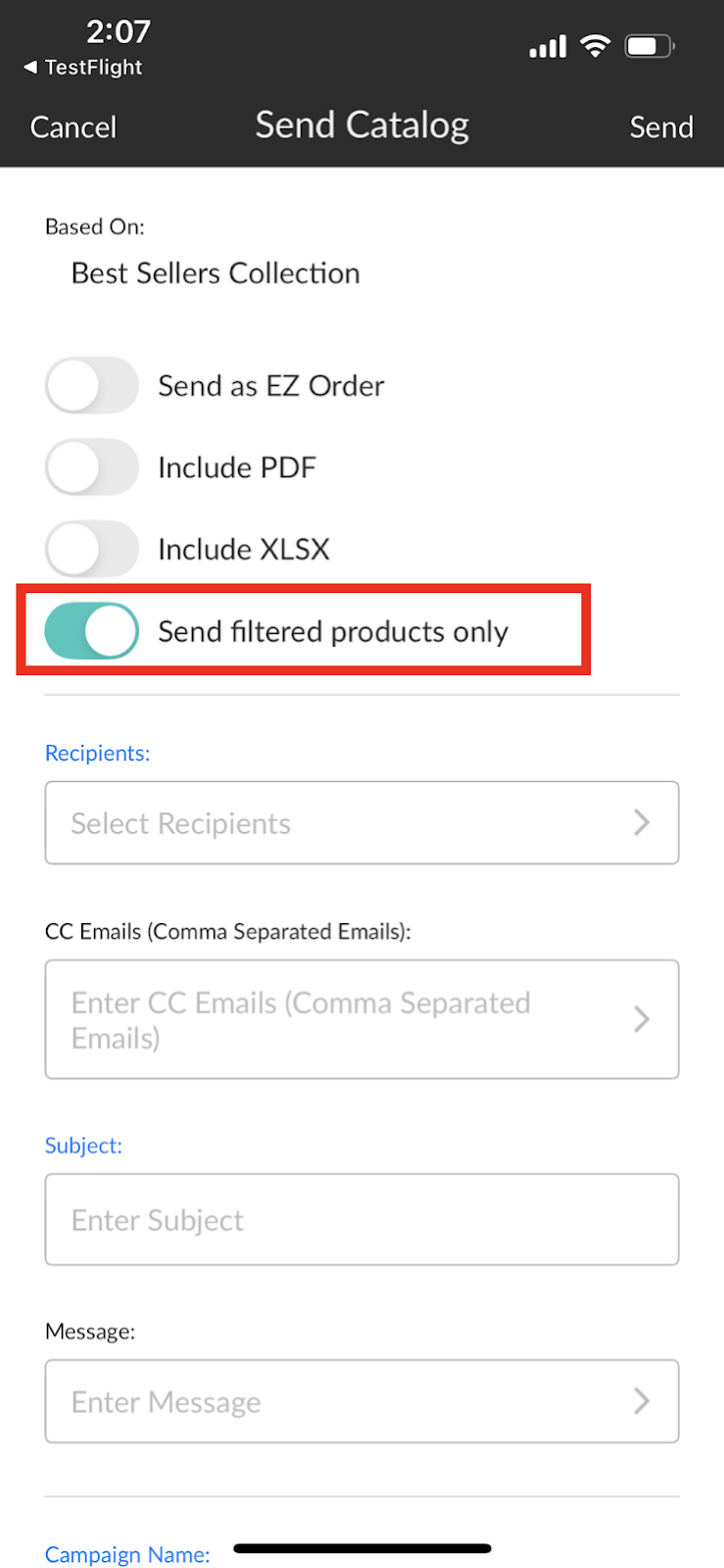 Image of Send Catalog options in NuORDER Mobile.