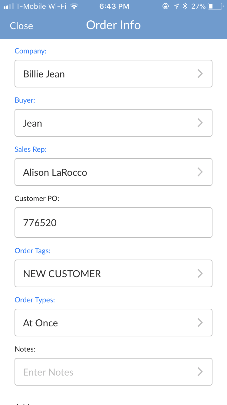 Order info.