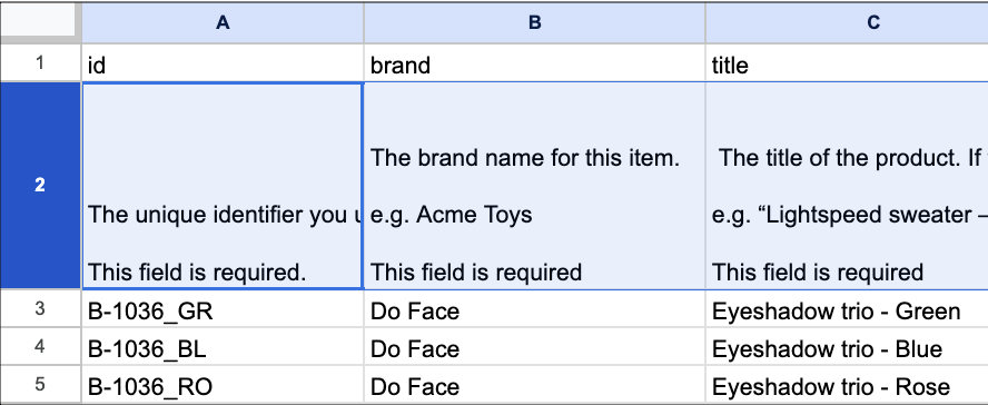 Image of spreadsheet before update.