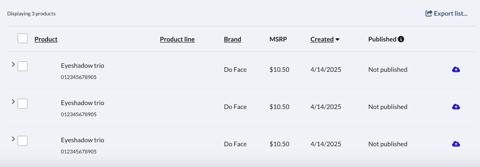 Image of the products table.