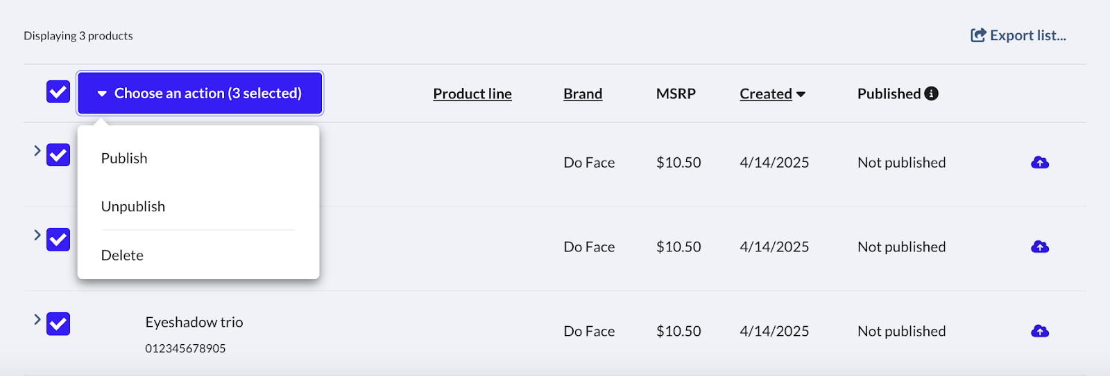 Image of bulk actions in the products table.