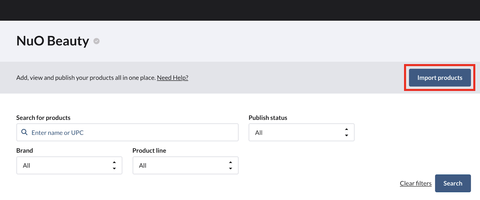 Image of Import products button.