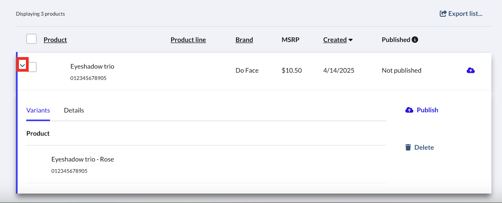 Image of expanded product details in the products table.