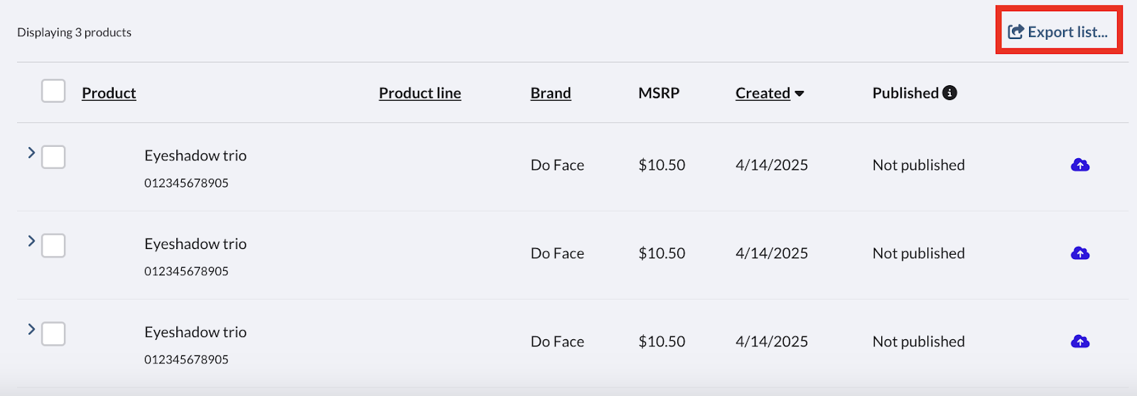 Image of Export list option in the products table.