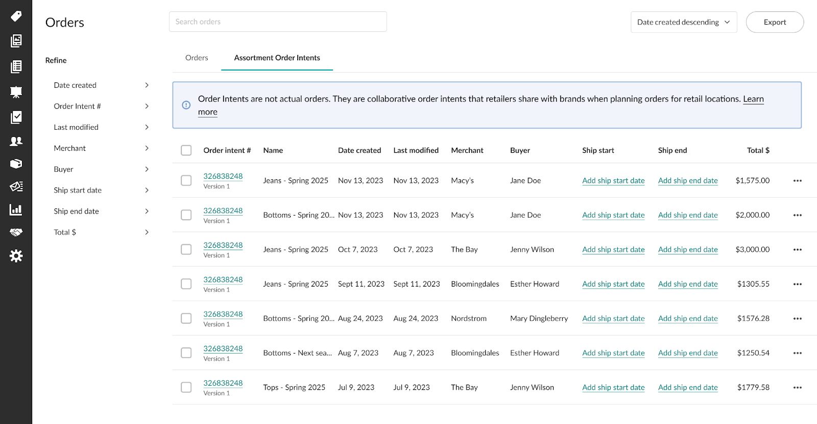 Image of Assortment Order Intents page.