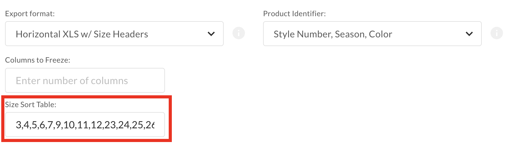 Image of Size Sort Table field with example entries.