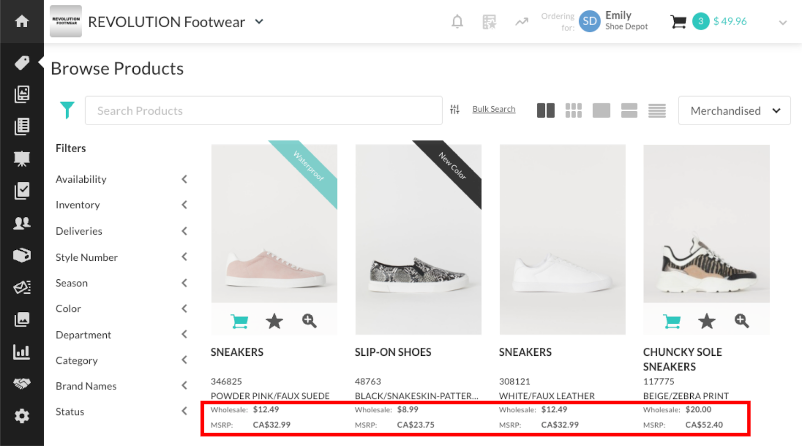 Image of the Product Gallery with separate prices for Wholesale and MSRP.