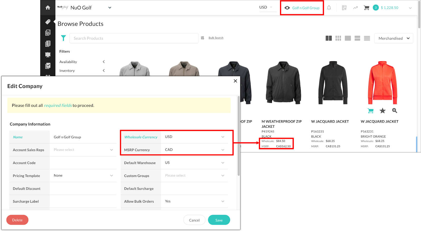 Image of the Edit Company window with separate currencies for wholesale and MSRP, and the result of these settings on the Product Gallery.