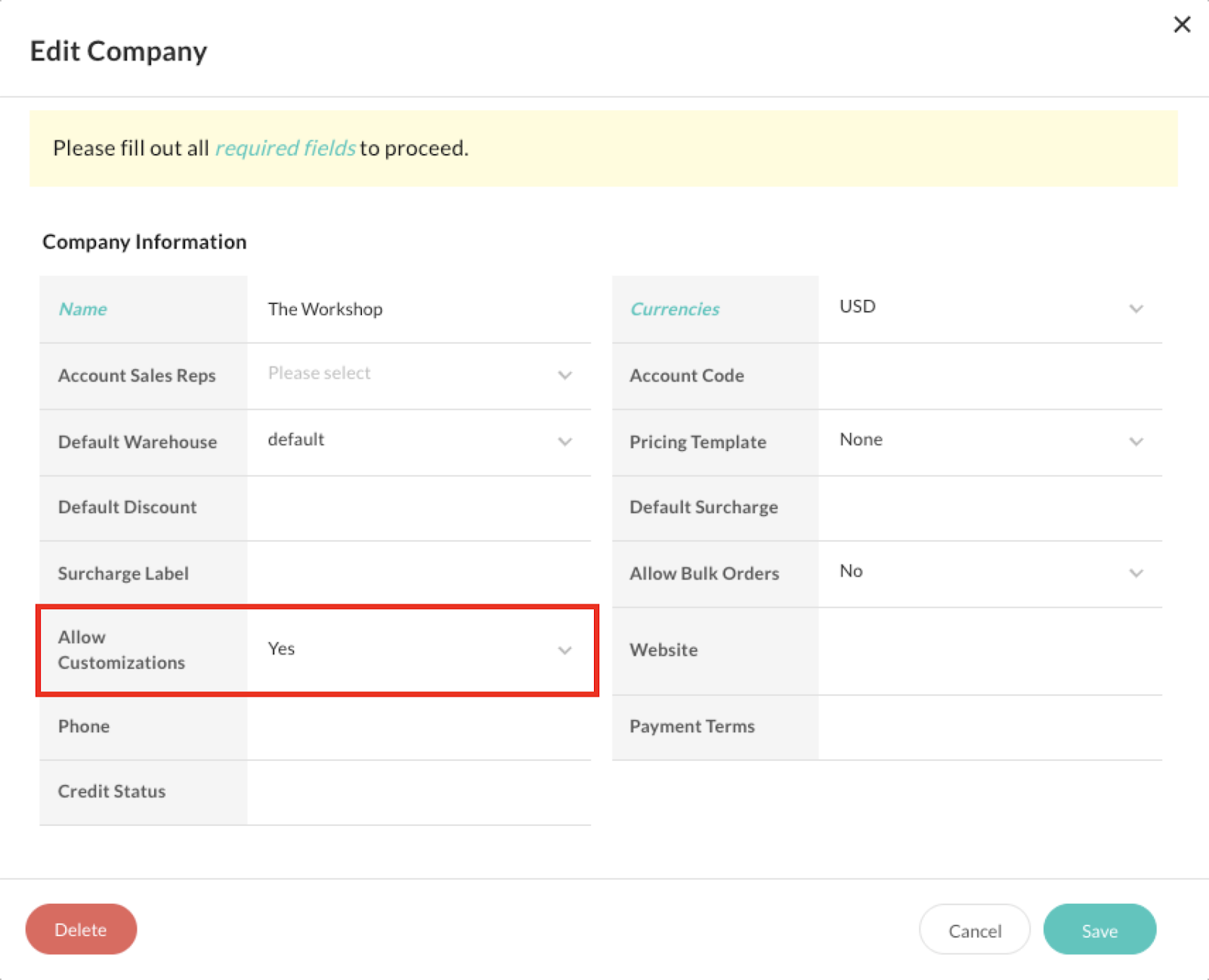 Image of the Edit Company window with the Allow Customizations option.