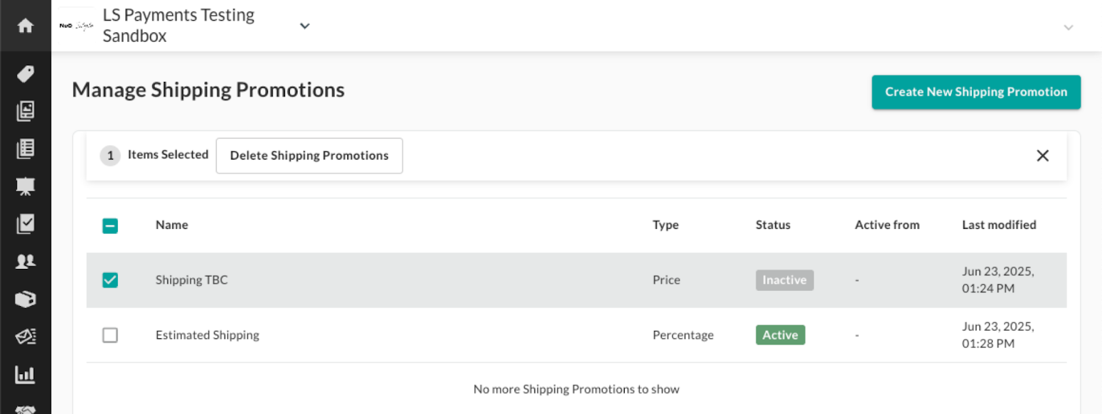 Image of Shipping Promotions screen.